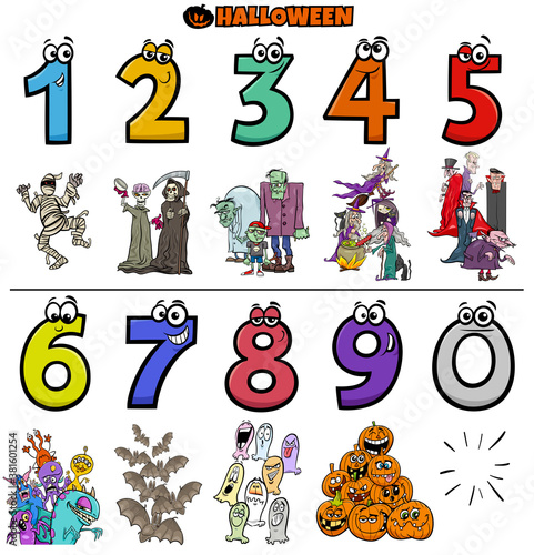 educational cartoon numbers set with Halloween characters