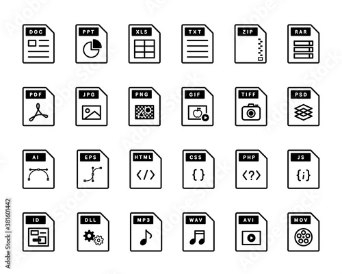 ファイル、ドキュメント、拡張子のアイコンのセット／ソフトウェア／書類／ビジネス／データ／文書／IT