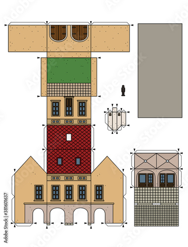 The vectorized hand drawing of an paper model of the old beige  town burger house