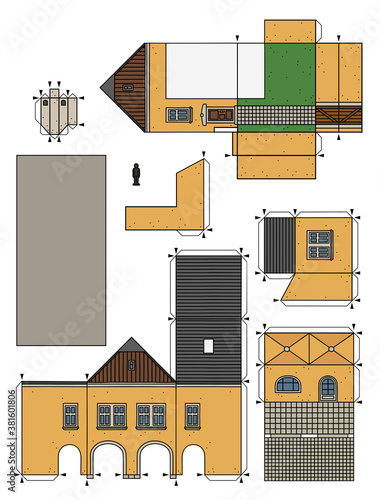 The vectorized hand drawing of an paper model of the old yellow  town burger house
