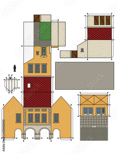 The vectorized hand drawing of an paper model of the old yellow  town burger house