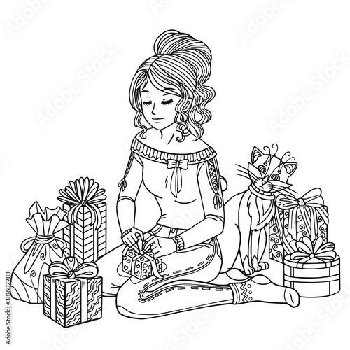 Girl unpacking gifts coloring page. Vector christmas outline illustration. Woman opens new year boxes. Hand drawn art with doodle and zentangle elements.