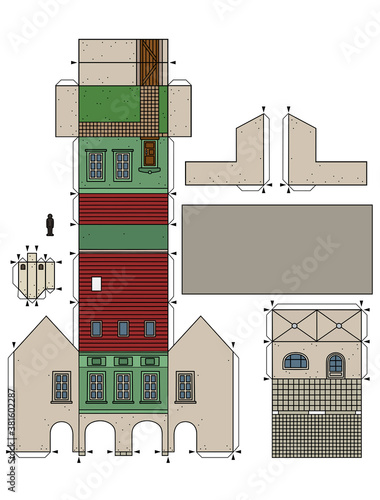 The vectorized hand drawing of an paper model of the old green town burger house