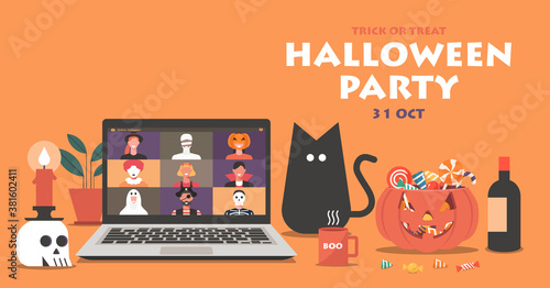 Online Halloween party concept banner, people in horror costumes on laptop screen have video conference to celebrate festival, friends meeting together on video call, vector flat illustration