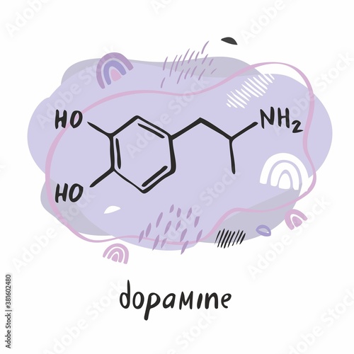Dopamine neurotransmitter molecule. Hormone formula drawn by hand on the background of abstract objects and shapes. Symbol for biology, chemistry, naturopathy, medicine. Cartoon vector illustration.