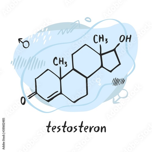 Testosterone molecule. Male gender hormone formula drawn by hand on the background of abstract objects and shapes. Symbol for biology, chemistry, naturopathy, medicine. Cartoon vector illustration.