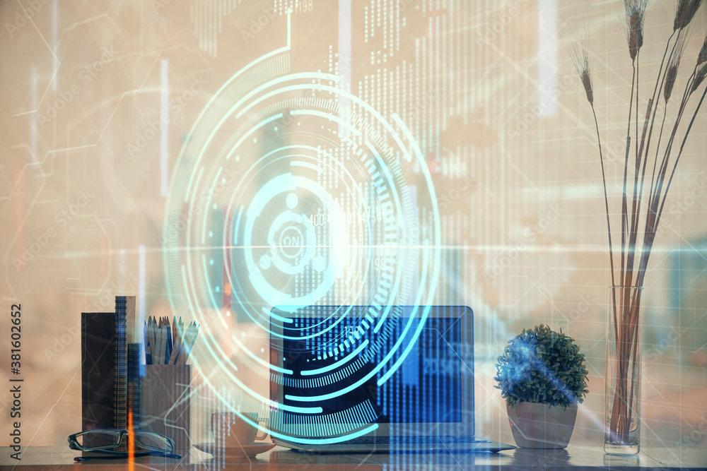 Double exposure of table with computer on background and data theme hologram. Data technology concept. Double exposure of table with computer on background and data theme hologram. Data technology concept.