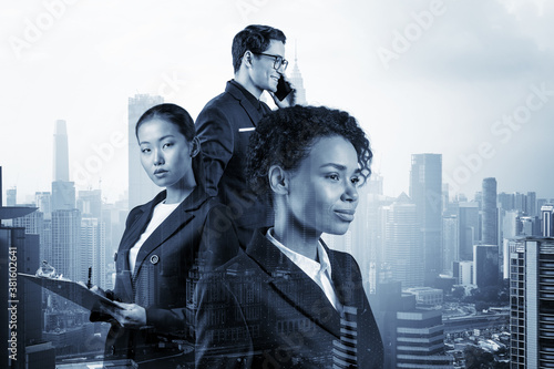 Photography Group of three business colleagues in suits working and dreaming about new career opportunities