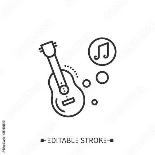 Guitar line icon. Classical acoustic stringed orchestral musical instrument. Classical, ethnic and contemporary music. Music from different countries. Isolated vector illustrations. Editable stroke