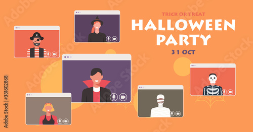 Online Halloween party concept banner, people in different costumes connecting and discussing together on video call, flat vector illustration
