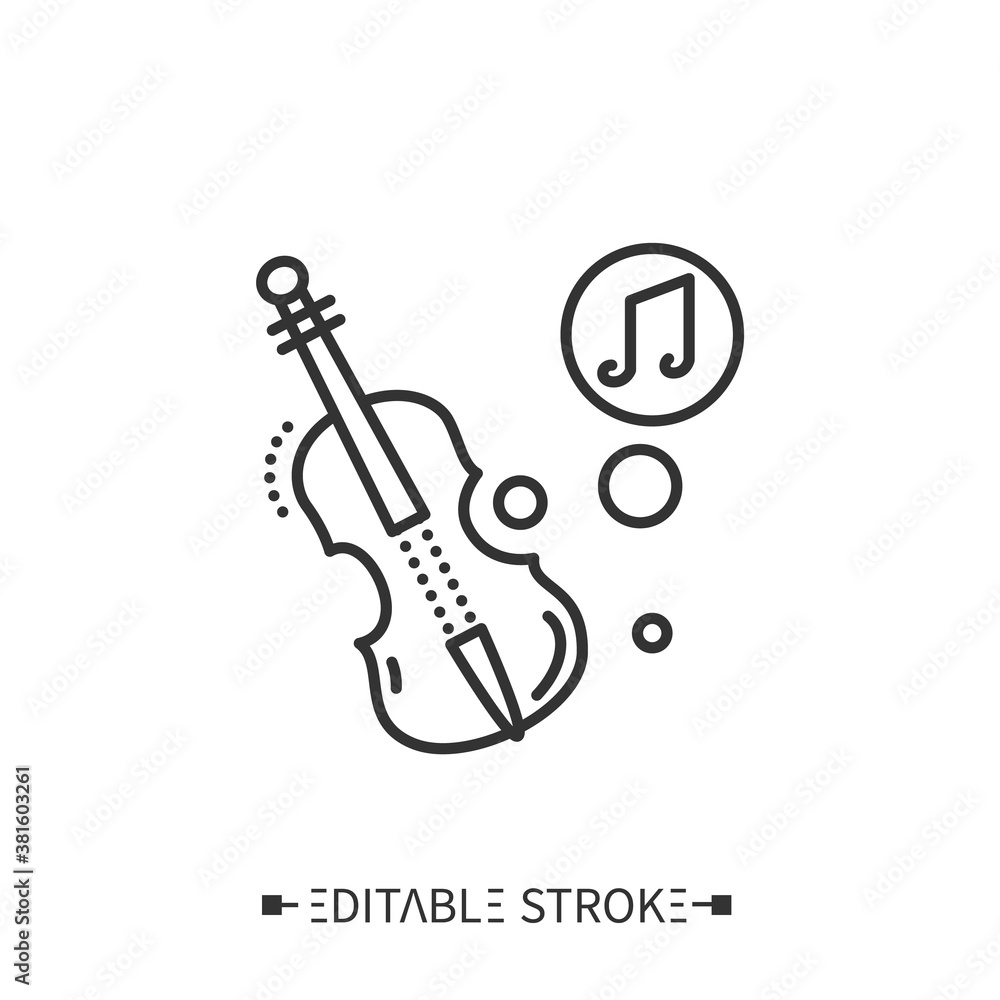 Violin line icon. Classical stringed orchestral musical instrument. Classical, ethnic and contemporary music. Music from different countries. Isolated vector illustrations. Editable stroke