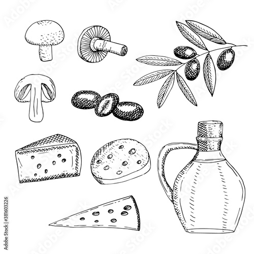 Set of healthy snacks, vector illustration, mushrooms, olives and cheese, hand drawing