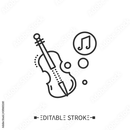 Violin line icon. Classical stringed orchestral musical instrument. Classical, ethnic and contemporary music. Music from different countries. Isolated vector illustrations. Editable stroke