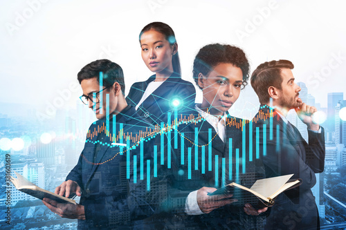 Photography Group of business colleagues in suits as a part of multinational corporate team working on forecasting trading corporate strategy at fund