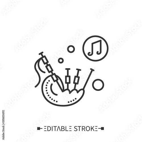 Bagpipes line icon. A traditional Scottish woodwind instrument. Classical, ethnic and contemporary music. Music from different countries. Isolated vector illustrations. Editable stroke