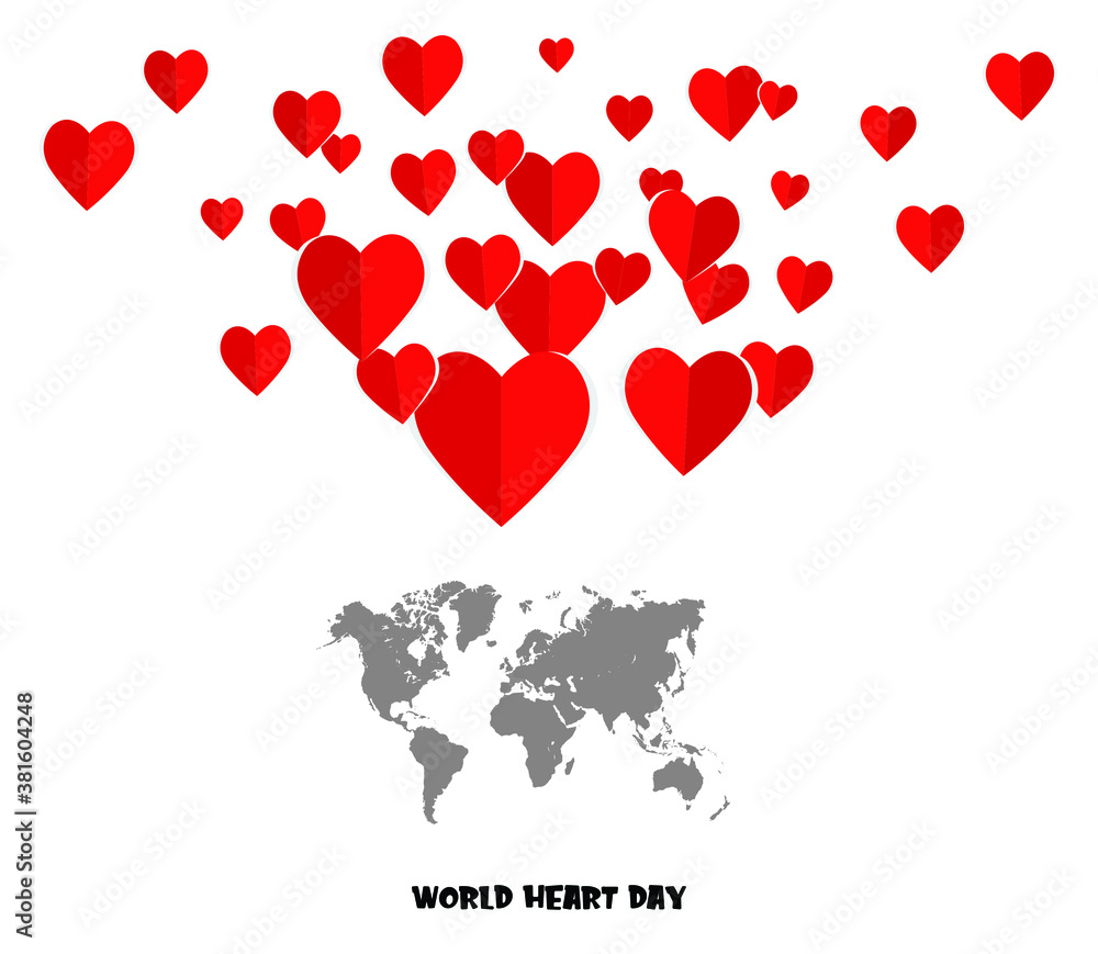 Much red heart and world map. World Heart day concept. vector illustrations