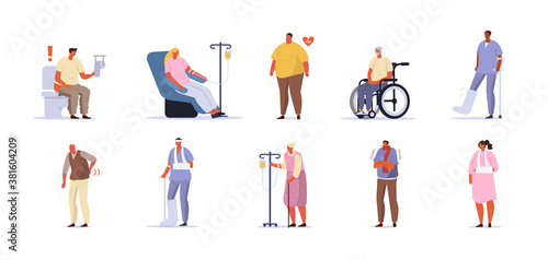Ill Characters set. Persons having Diarrhea, Obesity, Flu, and Other different Diseases and Injuries. Sick People in Hospital. Health Care Concept. Flat Cartoon Vector Illustration.
