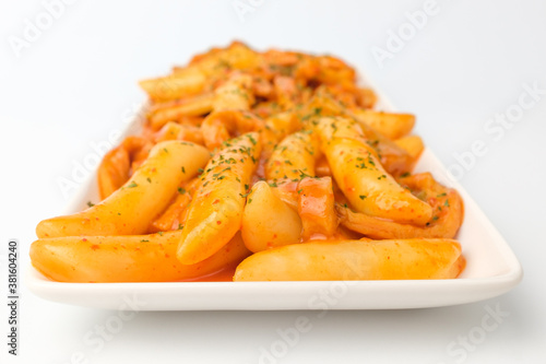 Spicy Tteokbokki on white background