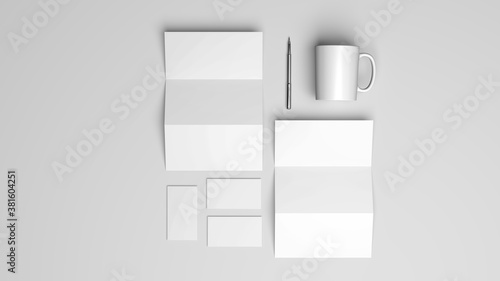Blank white stationery on white background.