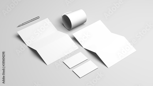 Blank white stationery on white background.