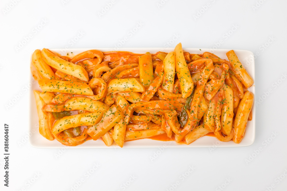 Spicy Tteokbokki on white background Spicy Tteokbokki on white background