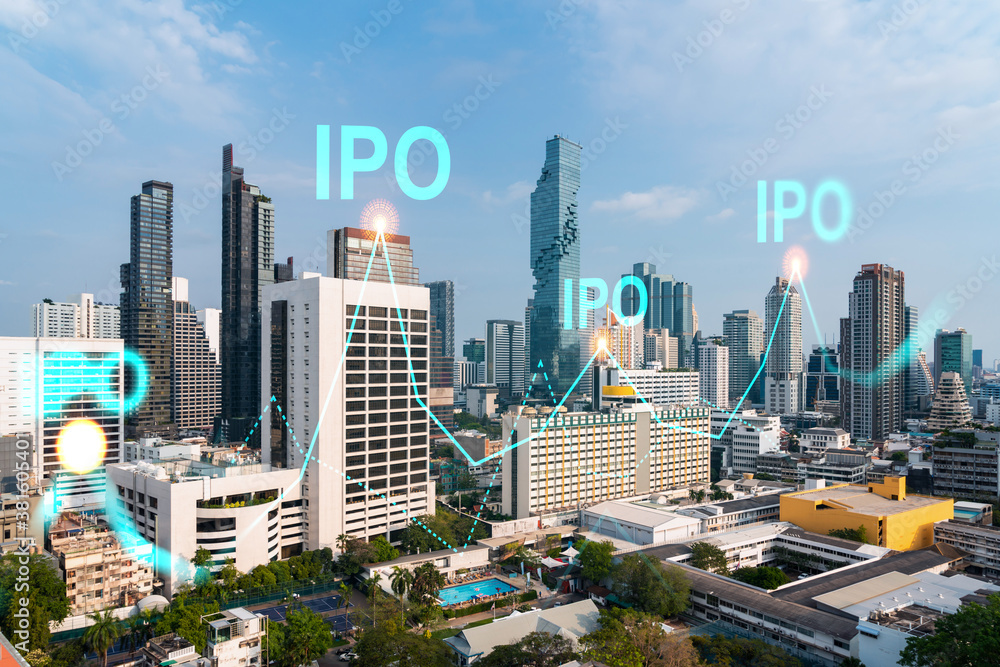 Obraz premium IPO icon hologram over panorama city view of Bangkok, the hub of initial public offering in Asia. The concept of exceeding business opportunities. Double exposure.