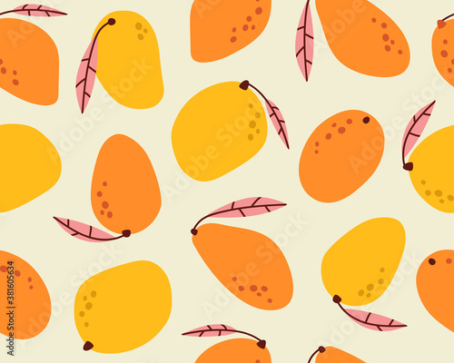 Seamless pattern of yellow and orange mango background elements on a beige background. Set with hand-drawn mango doodles. Colorful background texture for kitchen, wallpaper, textile, fabric, paper. 