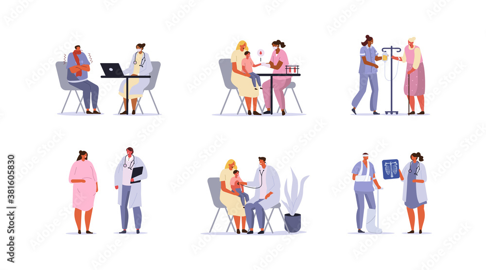 Doctors and Patients Characters set. Kid having Blood Collection for Test, Nurse caring for Elderly Woman, Doctor Consulting Ill Person and other Scenes in Hospital. Flat Cartoon Vector Illustration.