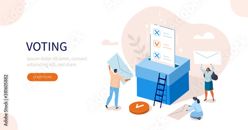 People Characters Putting Ballot Into Voting Box. Women and Men Choosing Candidate at Vote Polling Station. Election Campaign and Referendum Concept. Flat Isometric Vector Illustration.
