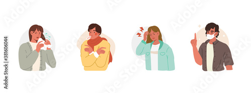 Season Flu Disease Symptoms. People Characters having Fever, Cough and other Respiratory Illness Signs. Virus Diagnosis and Prevention Concept. Flat Cartoon Vector Illustration.