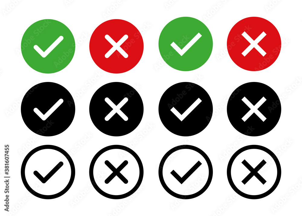 Check mark cross signs. Vector isolated elements. Check mark circle black icons signs vector. Vote symbol isolated vector tick elements Check mark cross signs. Vector isolated elements. Check mark circle black icons signs vector. Vote symbol isolated vector tick elements
