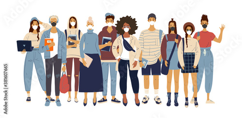 A crowd of standing people in medical masks. Male and female characters in modern clothes, flat design, cartoon style, students and teachers. Vector illustration