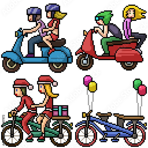 pixel art set isolated couple bike