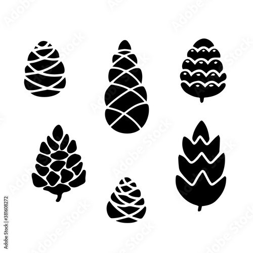 Hand drawn set doodle of fir tree cones isolated on white background. Conifer cones sketch. Vector illustration. Design for print, banner, greeting card, logo, invitation