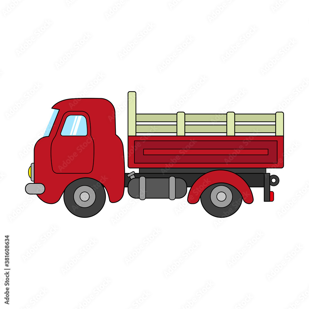 Old red farm truck icon. Side view. Colored contour silhouette. Dump truck. Tipper. Vector flat graphic hand drawn illustration. The isolated object on a white background. Isolate.