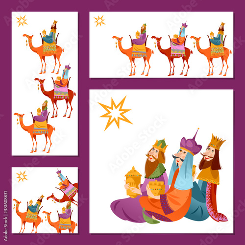 Set of 4 universal Christmas greeting cards with three biblical Kings: Caspar, Melchior and Balthazar.  Three wise men. Template.