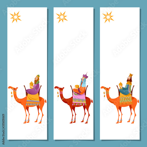 Set of 3 universal Christmas greeting cards  and bookmarks with three biblical Kings: Caspar, Melchior and Balthazar. Three wise men on camels. Template.