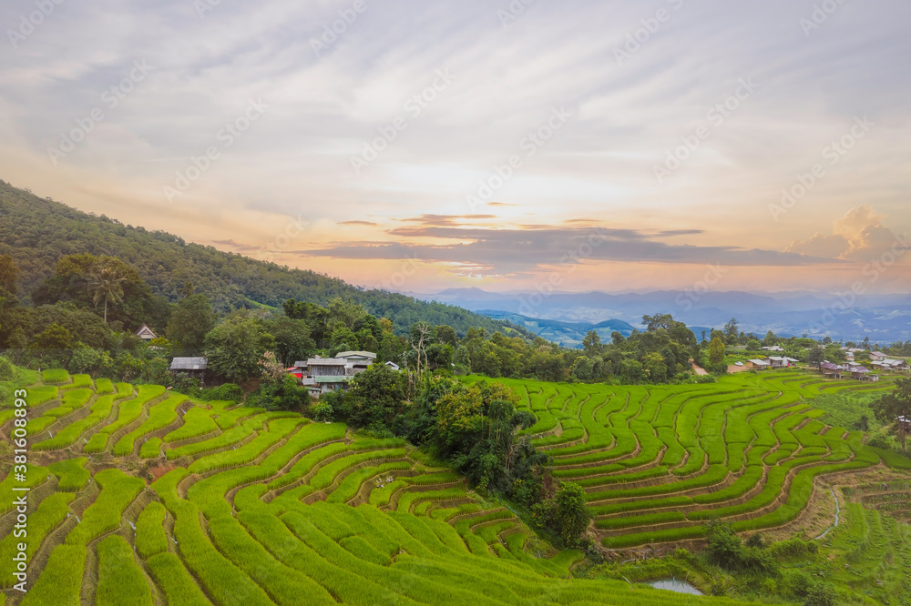 Beautiful of sunset sky with rice terrace with a paddy field in Chiangmai, Thailand.