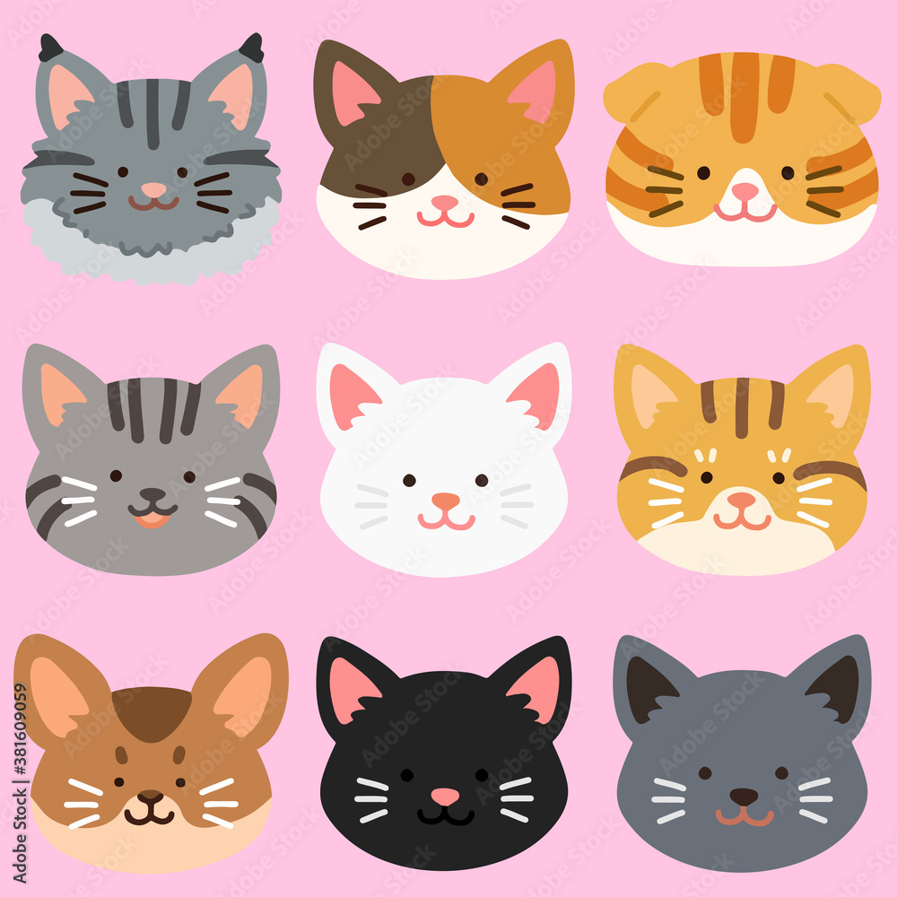 Flat colored adorable and simple cat heads set