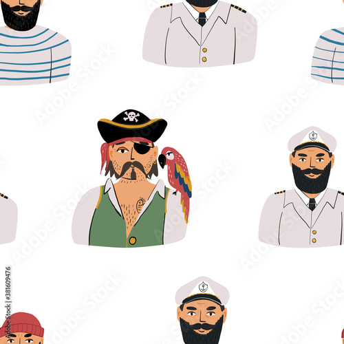 Portraits of a fisherman in a striped vest, a pirate with a parrot on his shoulder, a captain in a cap seamless pattern.