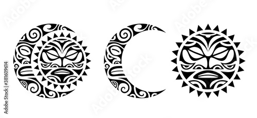 Set of tattoo sketch. Sun and moon maori tribal style. Round ornament.	
