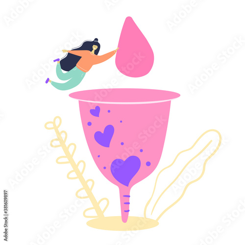 Cute girl with drop in her hand fly under menstrual cup. Fun hand drawn flat illustration. Menstrual protection for women, zero waste, eco feminine hygiene.
