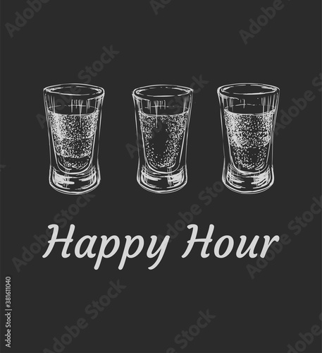 Three kinds of alcoholic drinks in shot glasses. Hand Drawn Vector Illustration.