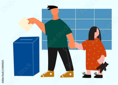 Casting ballot at polling station. Father with daughter putting ballot paper in the box. Voting and election concept. Vector illustration in flat style