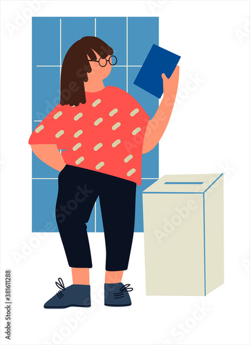 Casting ballot at polling station. Woman putting ballot paper in the box. Voting and election concept. Vector illustration in flat style