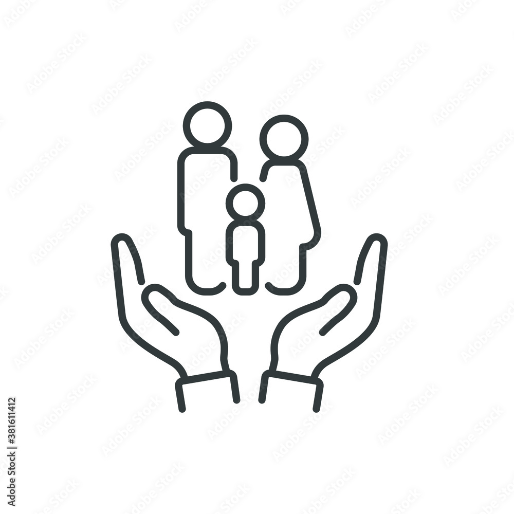 Hands holding family icon. Family life insurance sign, thin line web symbol on white background - vector illustration eps10 Hands holding family icon. Family life insurance sign, thin line web symbol on white background - vector illustration eps10