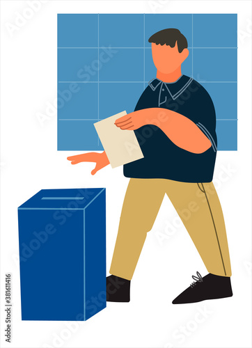 Casting ballot at polling station. Man putting ballot paper in the box. Voting and election concept. Vector illustration in flat style
