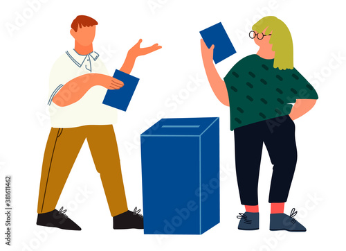 Casting ballot at polling station. Man and woman putting ballot papers in the box. Voting and election concept. Vector illustration in flat style