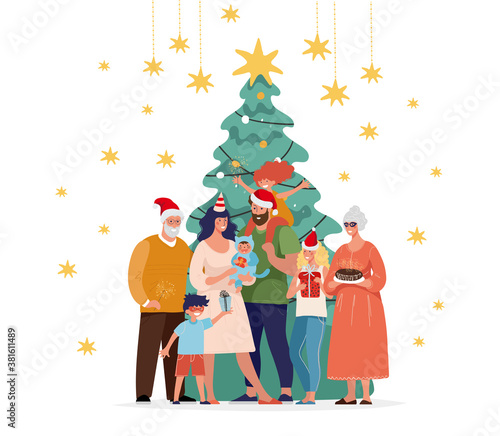 Family together at home for christmas. Happy family greets New Year with children, grandparents and a decorated Christmas tree. Flat cartoon vector illustration