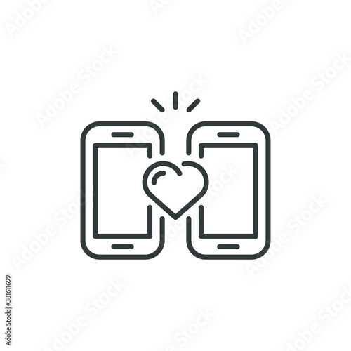 long distance love icon, online lovers, dating and relationship in a mobile, thin line web symbol on white background - vector illustration eps10